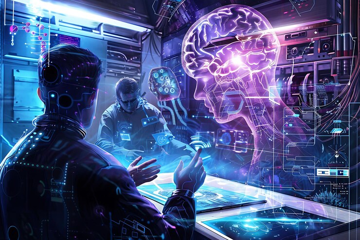Photo futuristic scientists analyzing a holographic brain in a hightech lab