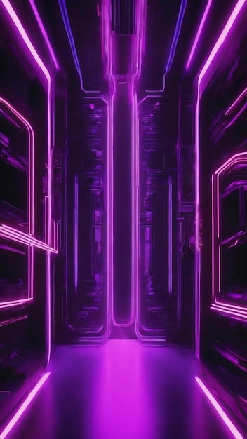 Futuristic scifi abstract purple neon light shapes on black background with free space for illustr