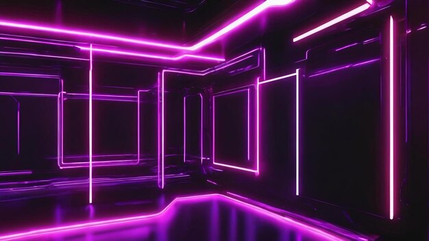Futuristic scifi abstract purple neon light shapes on black background with free space for illustr