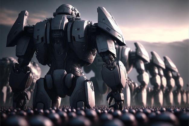 Futuristic scifi army with battle mechs in the field