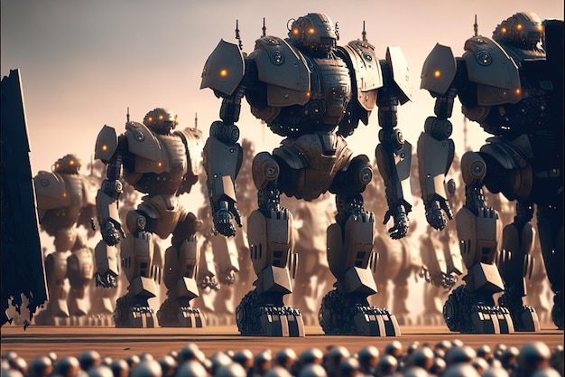 Futuristic scifi army with battle mechs in the field