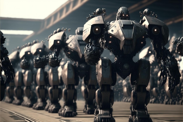 Foto futuristico esercito scifi con mech da battaglia sul campo