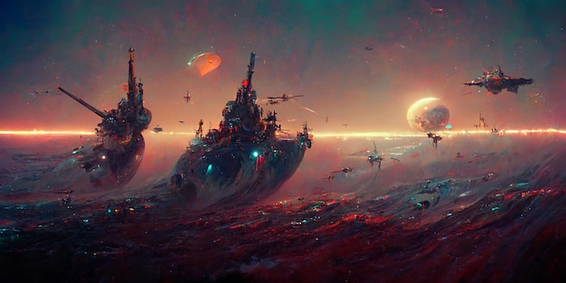 Futuristic sciFi battle space ships hover over an acid ocean of an alien planet, 3d render.