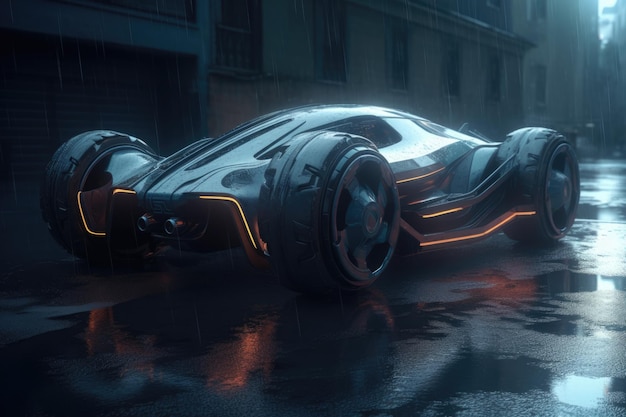 Futuristic scifi car design with cyberpunk style in a parking garage