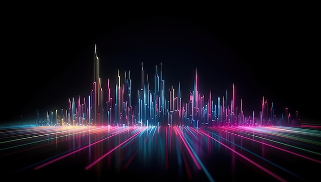 Futuristic scifi cityscape with neon lights and black background