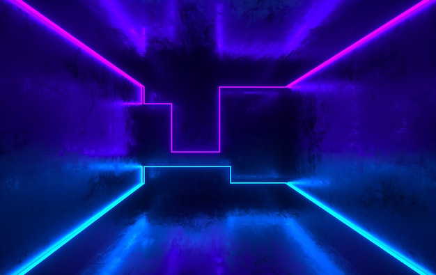 Futuristic scifi concrete room with glowing neon lights