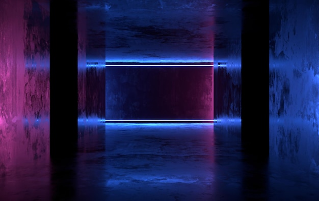 빛나는 네온 가상 현실 포털이 있는 미래 공상 과학 콘크리트 방