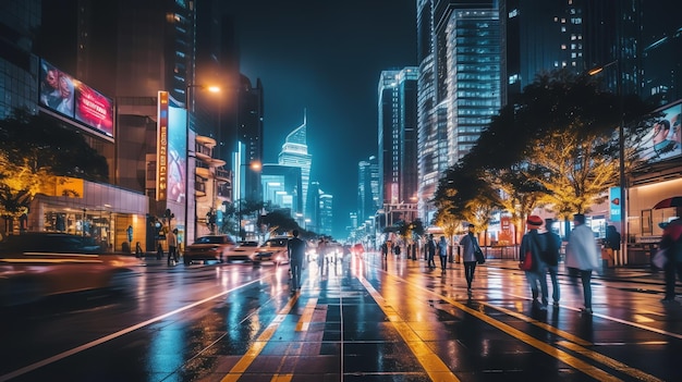 야간 디지털 삽화에서 빛나는 네온 불빛이 있는 미래 공상과학 사이버펑크 도시