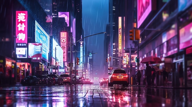 夜のデジタルイラストにネオンが輝く未来的なSFサイバーパンク都市