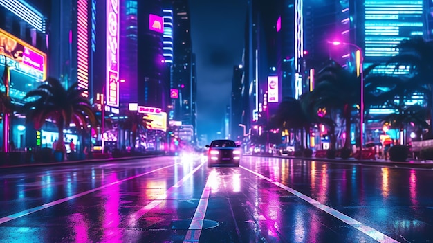 夜のデジタルイラストにネオンが輝く未来的なSFサイバーパンク都市