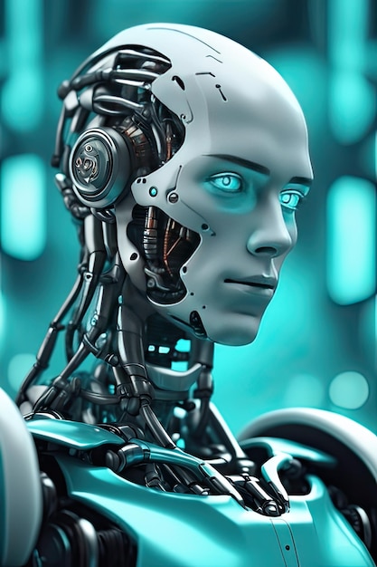 未来的な SF サイボーグ ロボットの頭部の肖像画