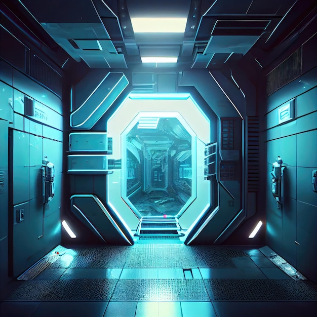 Futuristic scifi futuristic interior with metal walls and bright illumination created with generativ