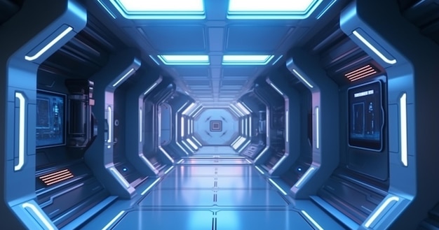Футуристический интерьер научной фантастики прихожей с компьютером и экраном монитора на стене