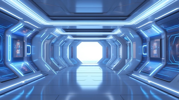 Futuristic SciFi Hallway Interior with Computer and Monitor Screen on Wall