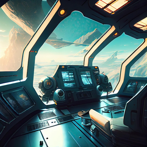 Futuristic scifi interior of spaceship with huge panoramic windows created with generative ai