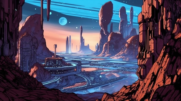 未来的な SF 風景ファンタジーの概念イラスト絵画