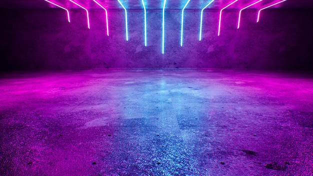 Futuristic SciFi Modern Empty Stage Reflective Concrete Room With Blue And Purple Glowing Neon Tubes Shape Empty Space Wallpaper Background 3D Rendering