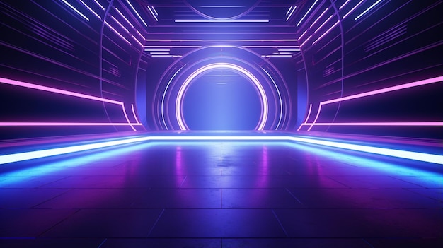 Futuristic SciFi Modern Empty Stage Reflective Concrete Room With Purple And Blue Glowing Neon