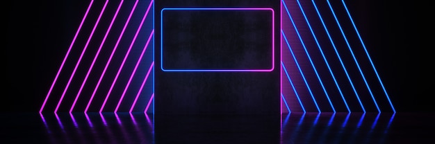 Futuristic SciFi Neon Light Shapes On Black Background And Reflective Concrete With Empty Space