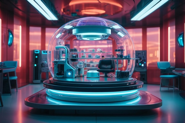 Futuristic scifi research room interior with hologram machine 3d rendering