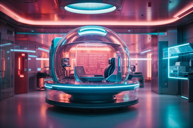 홀로그램 기계 3d 렌더링을 갖춘 미래 공상과학 연구실 내부