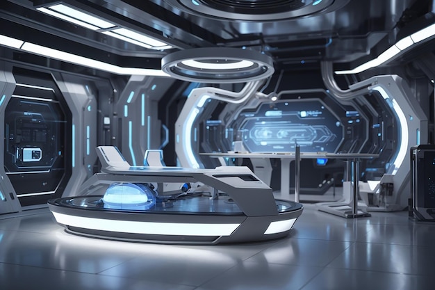 Futuristic scifi research room interior with hologram machine 3d rendering