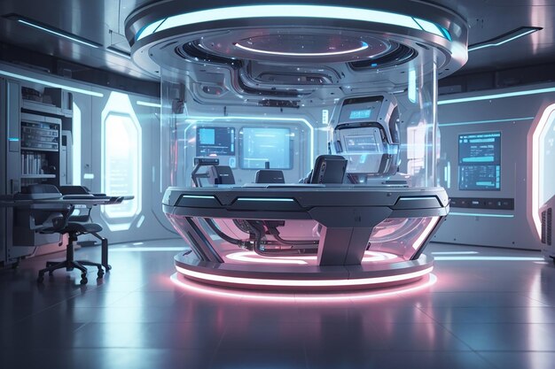ホログラムマシン3Dレンダリングを備えた未来的なSF研究室のインテリア