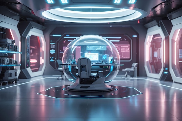 Futuristic scifi research room interior with hologram machine 3d rendering