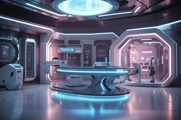 Futuristic scifi research room interior with hologram machine 3d rendering