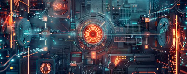 빛나는 불빛으로 미래의 SciFi 기술 회로 보드 추상 디지털 배경 일러스트레이터