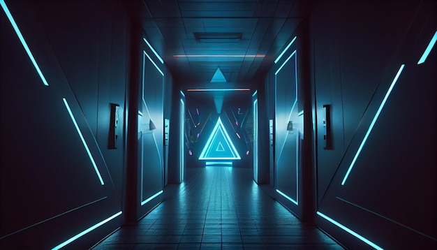 네온 불빛 생성 인공 지능이 있는 미래의 공상 과학 터널 복도