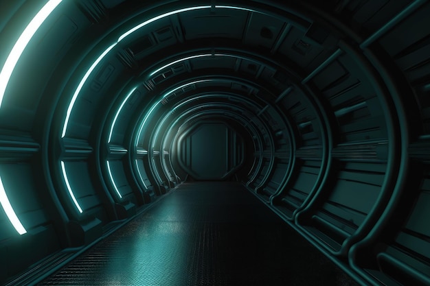 Futuristic SciFi Tunnel with Neon Lights and Reflective Floors