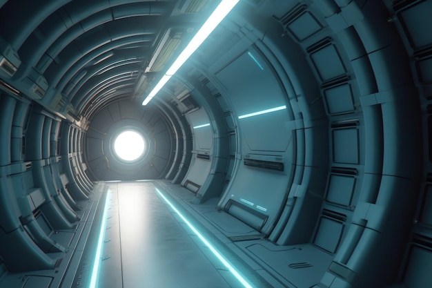 Футуристический научно-фантастический туннель с неоновой подсветкой и отражающими полами