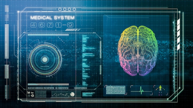 Futuristic screen of human brain scan and medical examination, illustration screen of smart medical diagnosis, 3d illustration rendering