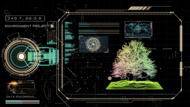 Futuristic screen of tree and lanscape, illustration screen of\
smart smart environment scan, 3d illustration rendering