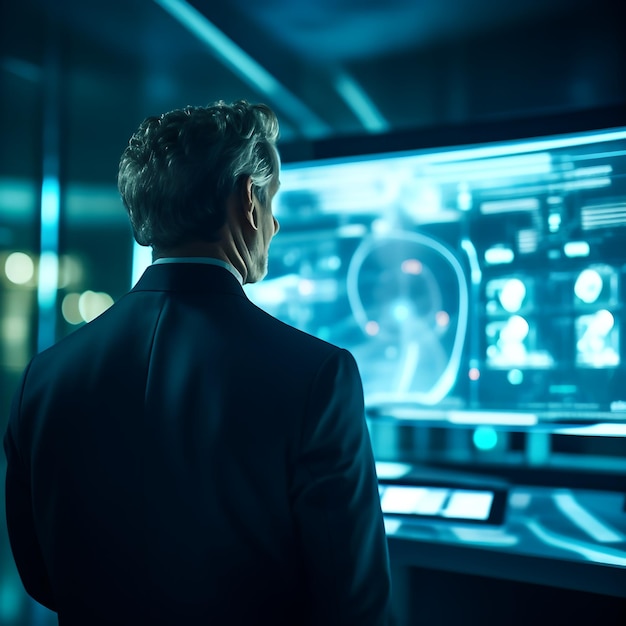 Futuristic screens and a man with suit watching it