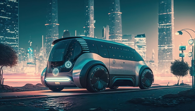 A futuristic self driving car is shown in a city at night.