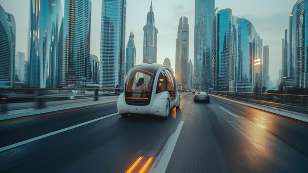 Futuristic SelfDriving Van Gliding Through the City