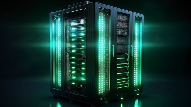 Foto rack server futuristico con luci verdi luminose in un ambiente oscuro di data center