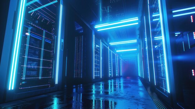 futuristic server room or data center with rows of big server racks