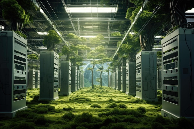 Futuristic server room with green grass and trees 3D rendering Bright server room with trees and grass growing out out of servers AI Generated