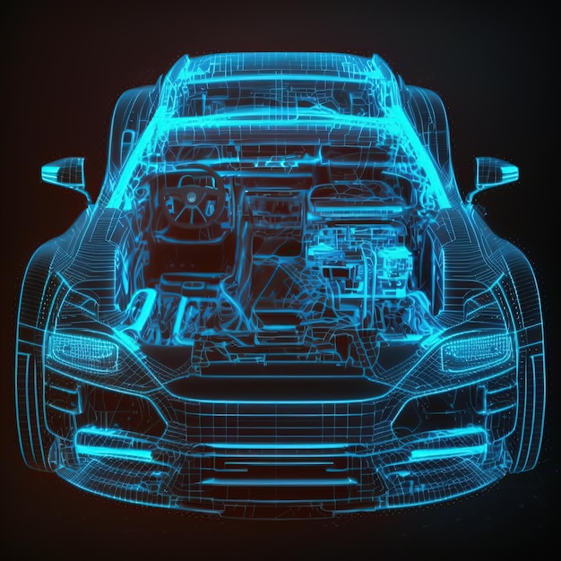 Foto scansione del servizio futuristico e analisi automatica dei dati rendering 3d dell'auto. illustrazione raster