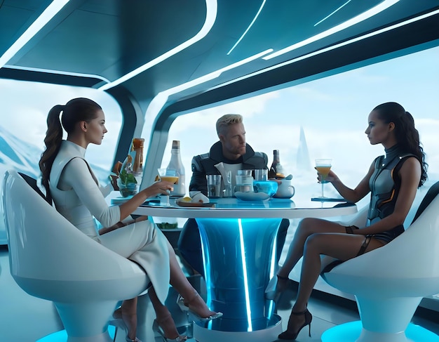 A futuristic setting with characters sipping on futuristic beverages