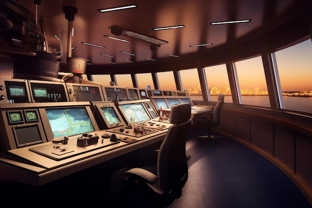 Sala di controllo della nave futuristica con computer e monitor, rendering 3d. disegno digitale al computer.