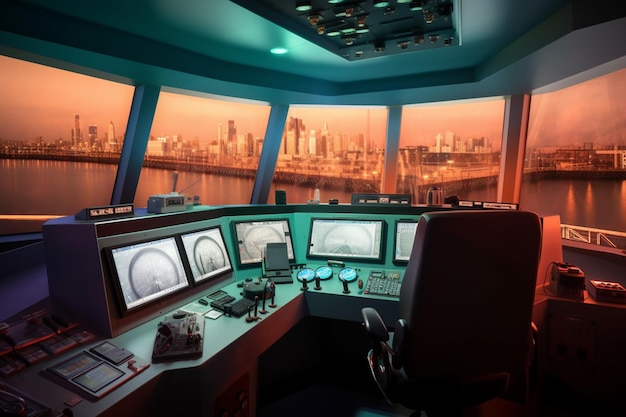 Futuristic Ship control room with computers and monitors, 3d rendering. Computer digital drawing.