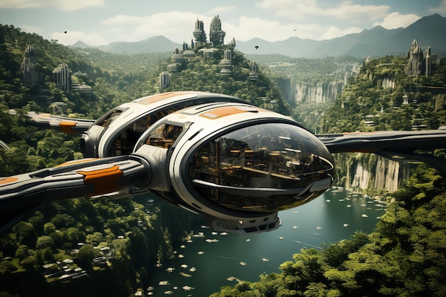 A futuristic ship flying over a river