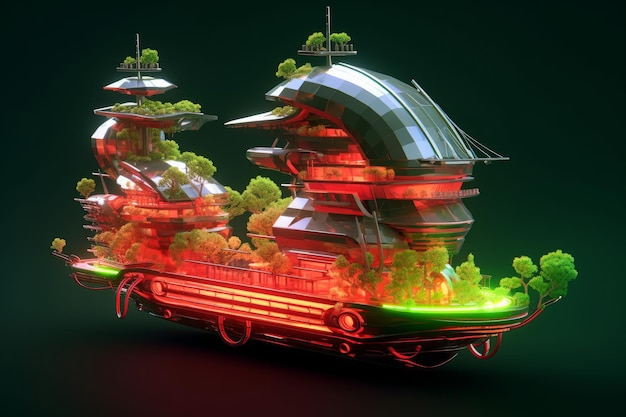 A futuristic ship with a green light that is lit up with the words'floating city'on it