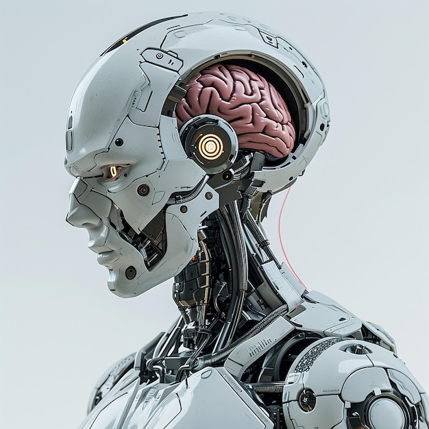 Футуристический серебряный металлический робот с человеческим мозгом на белом фоне