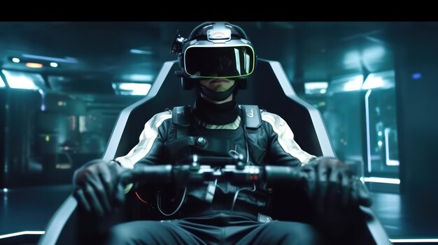 Photo futuristic simulator seat cockpit man playing smart video games with vr virtual reality goggles at home boy driving a 3d motorsport or spaceship for