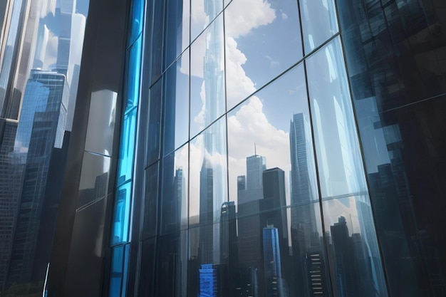 Футуристический фасад небоскреба отражает голубой городской пейзаж в современном стеклянном окне